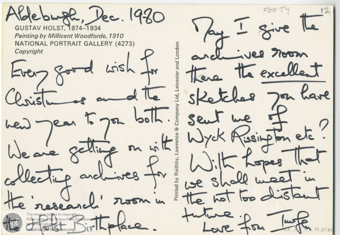 Postcard from Imogen Holst to Frank Forty and Kelly Forty