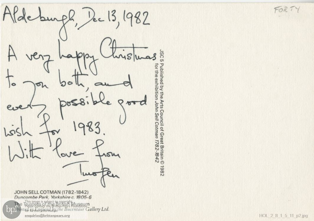 Postcard from Imogen Holst to Frank Forty and Kelly Forty