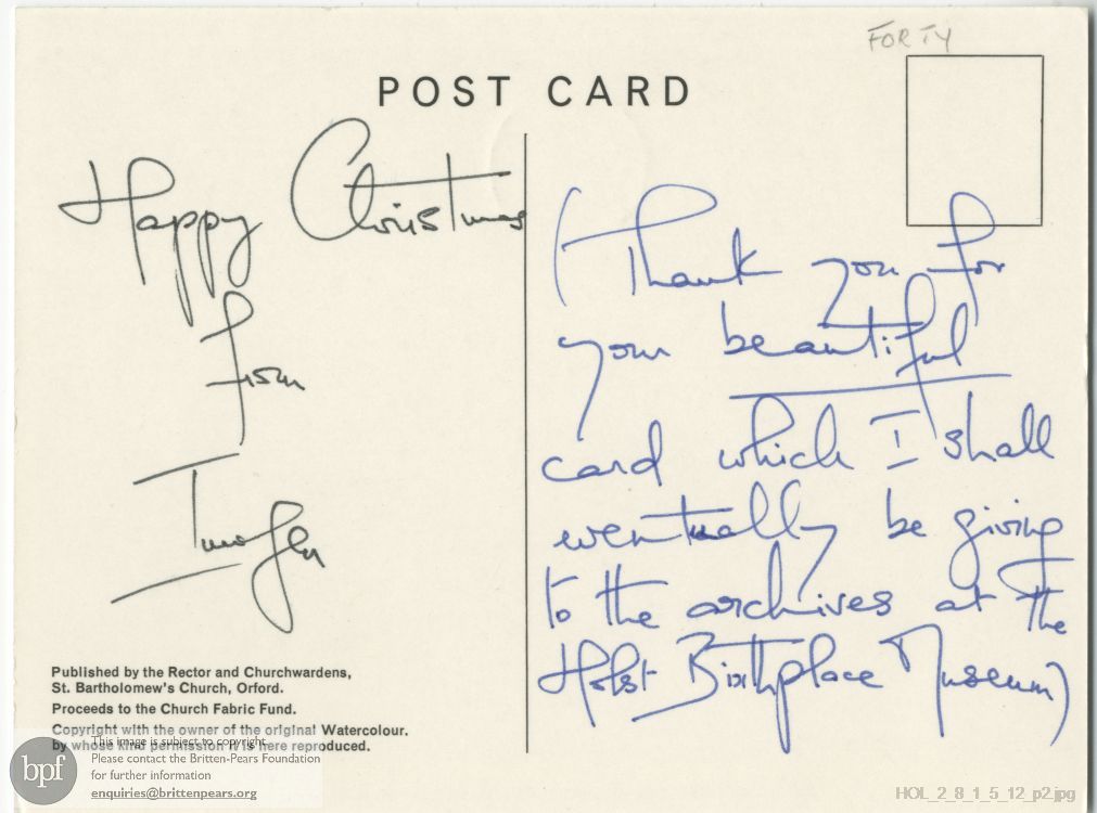 Postcard from Imogen Holst to Frank Forty and Kelly Forty