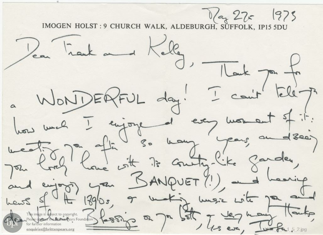 Letter from Imogen Holst to Frank Forty and Kelly Forty