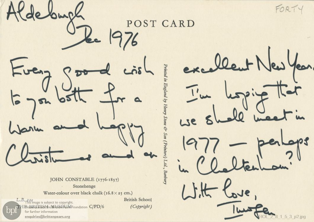 Postcard from Imogen Holst to Frank Forty and Kelly Forty