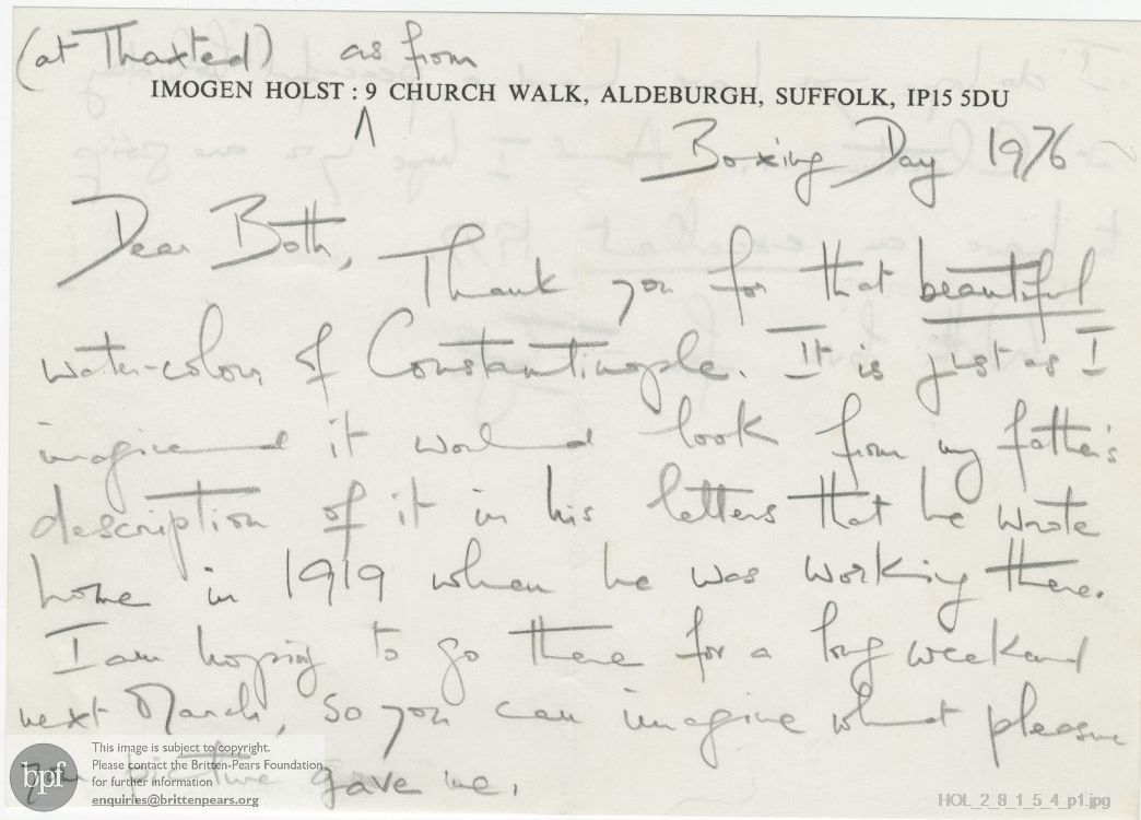 Letter from Imogen Holst to Frank Forty and Kelly Forty