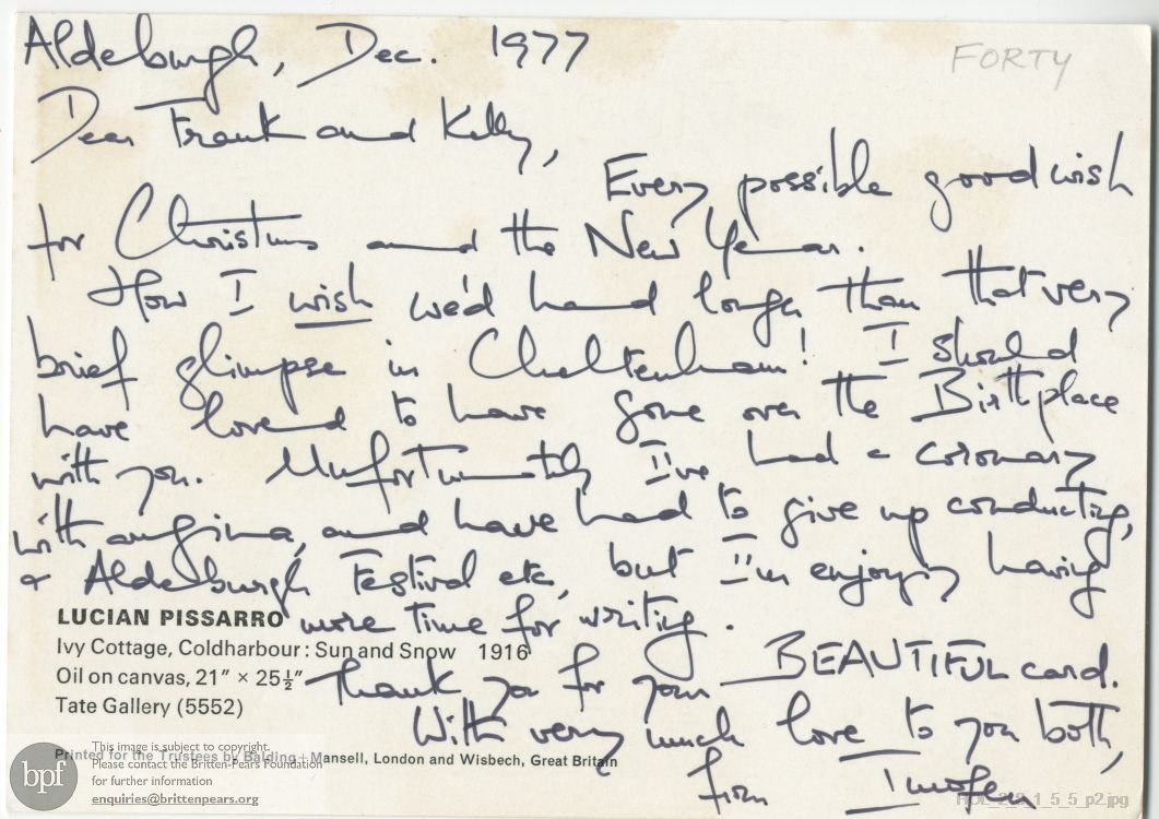 Postcard from Imogen Holst to Frank Forty and Kelly Forty