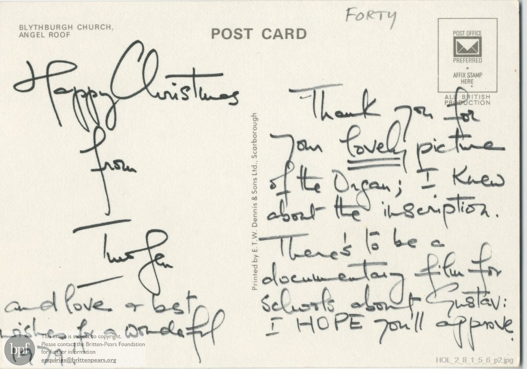 Postcard from Imogen Holst to Frank Forty and Kelly Forty