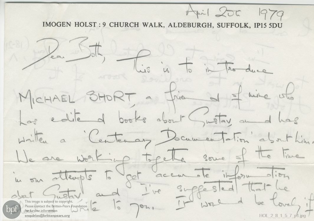 Letter from Imogen Holst to Frank Forty and Kelly Forty