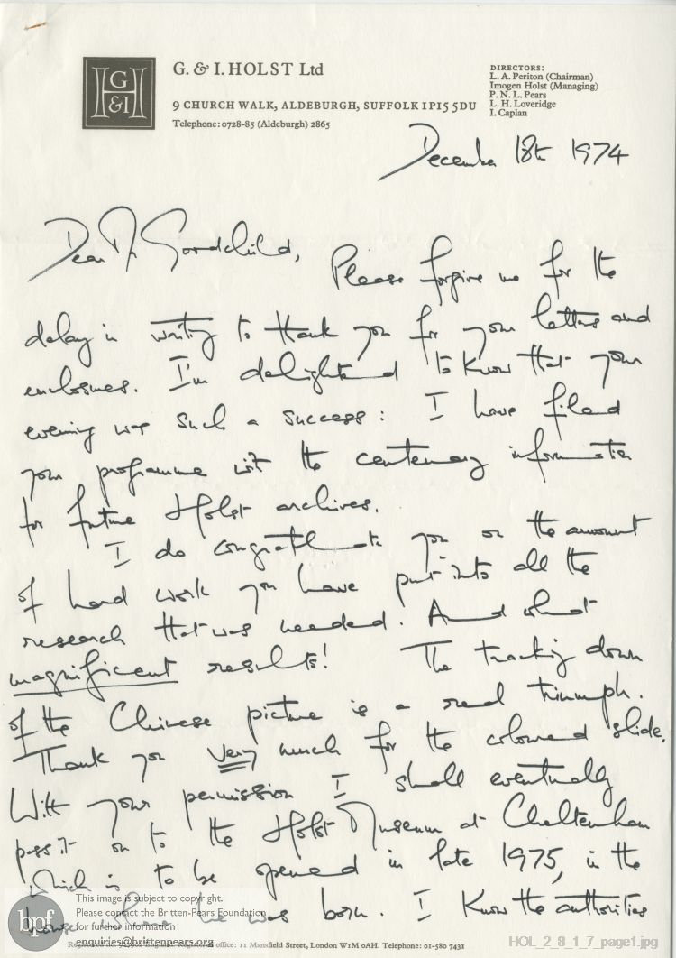 Letter from Imogen Holst to Walter Goodchild