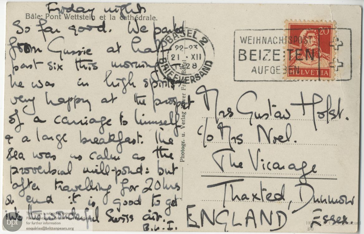 Postcard from Imogen Holst to Isobel Holst