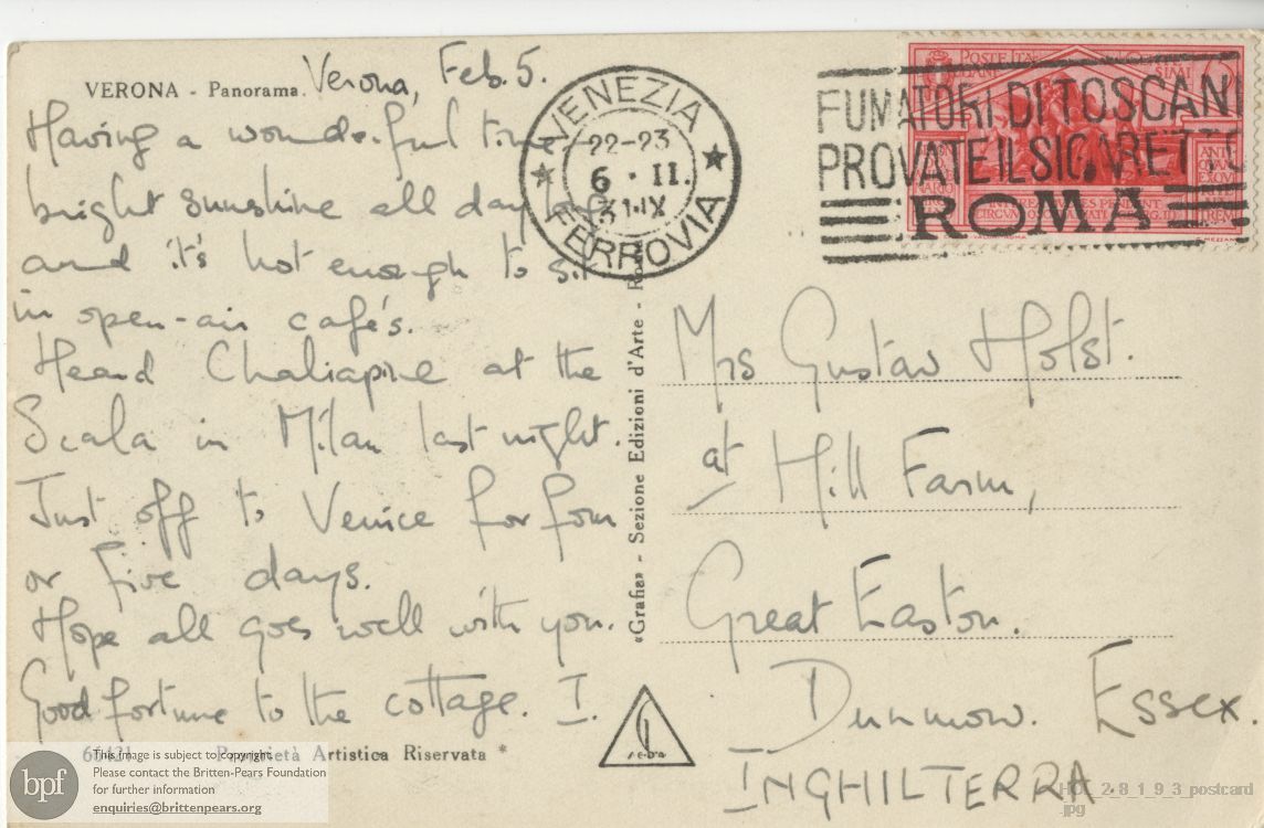 Postcard from Imogen Holst to Isobel Holst