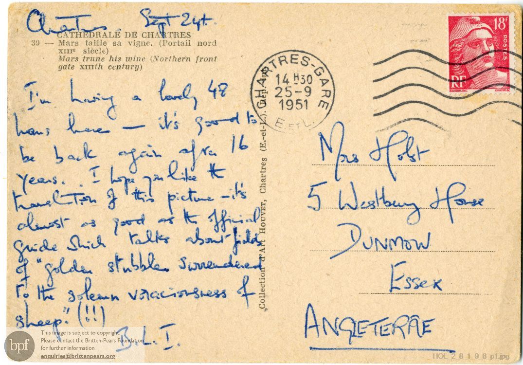 Postcard from Imogen Holst to Isobel Holst