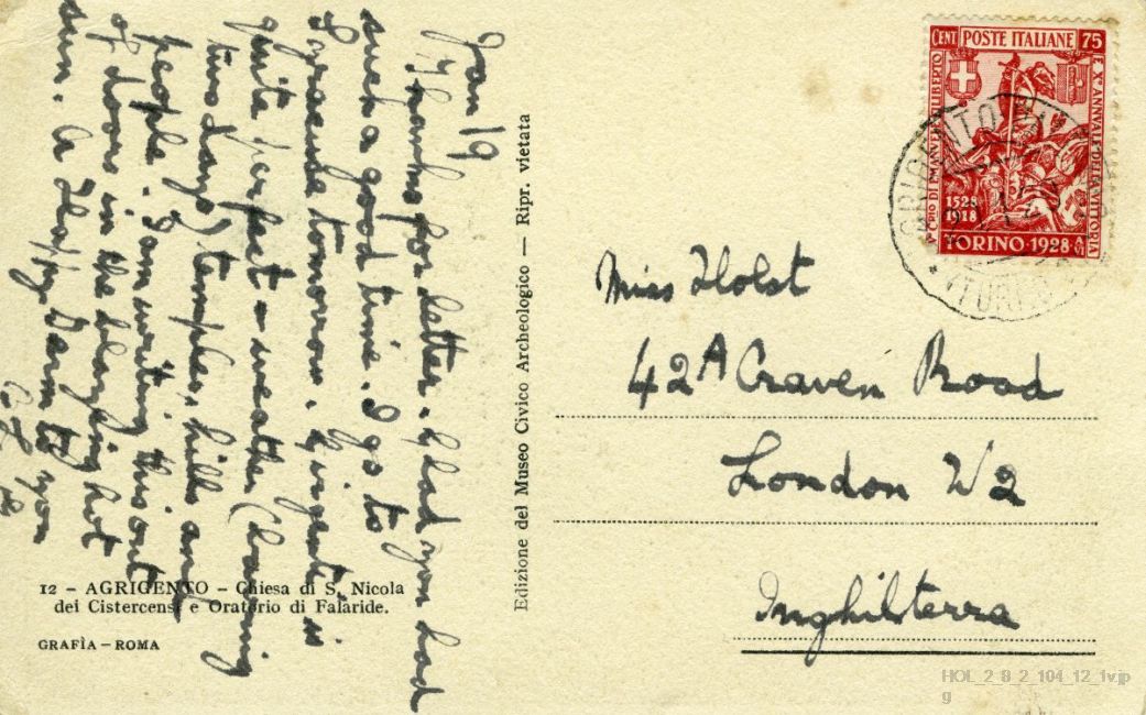 Postcard from Gustav Holst to Imogen Holst