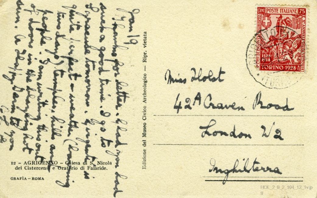 Postcard from Gustav Holst to Imogen Holst