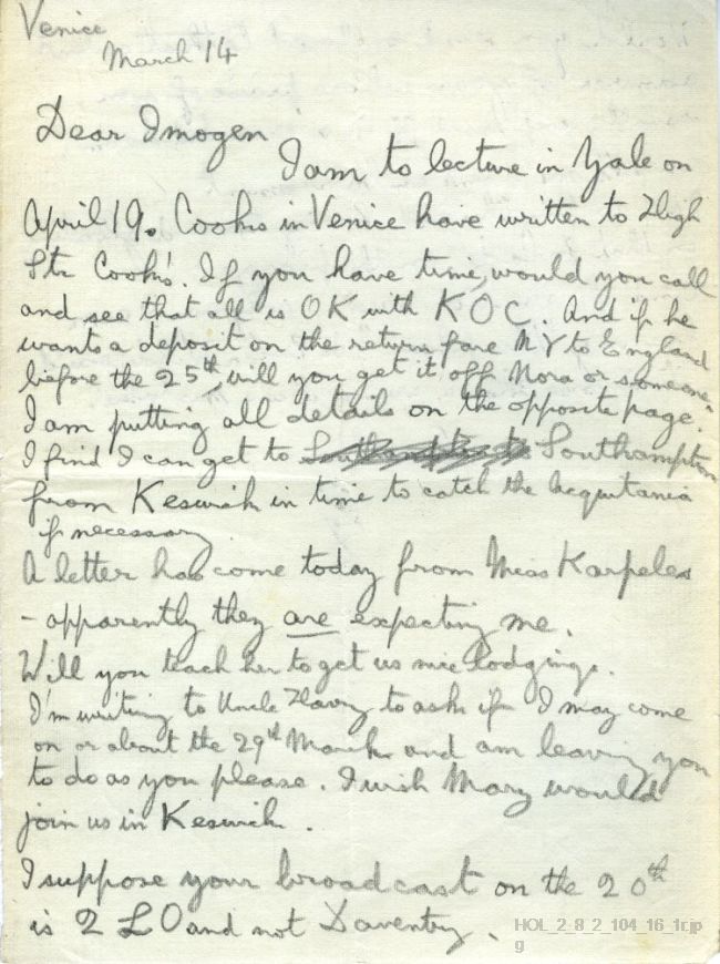 Letter from Gustav Holst to Imogen Holst