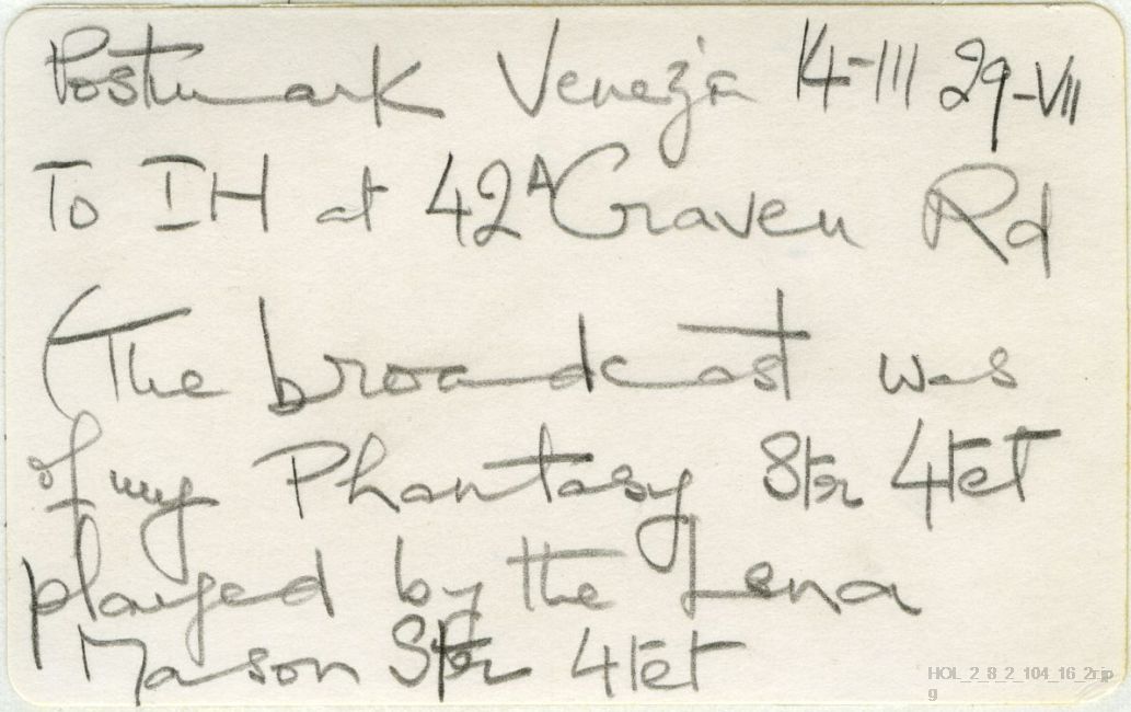 Letter from Gustav Holst to Imogen Holst