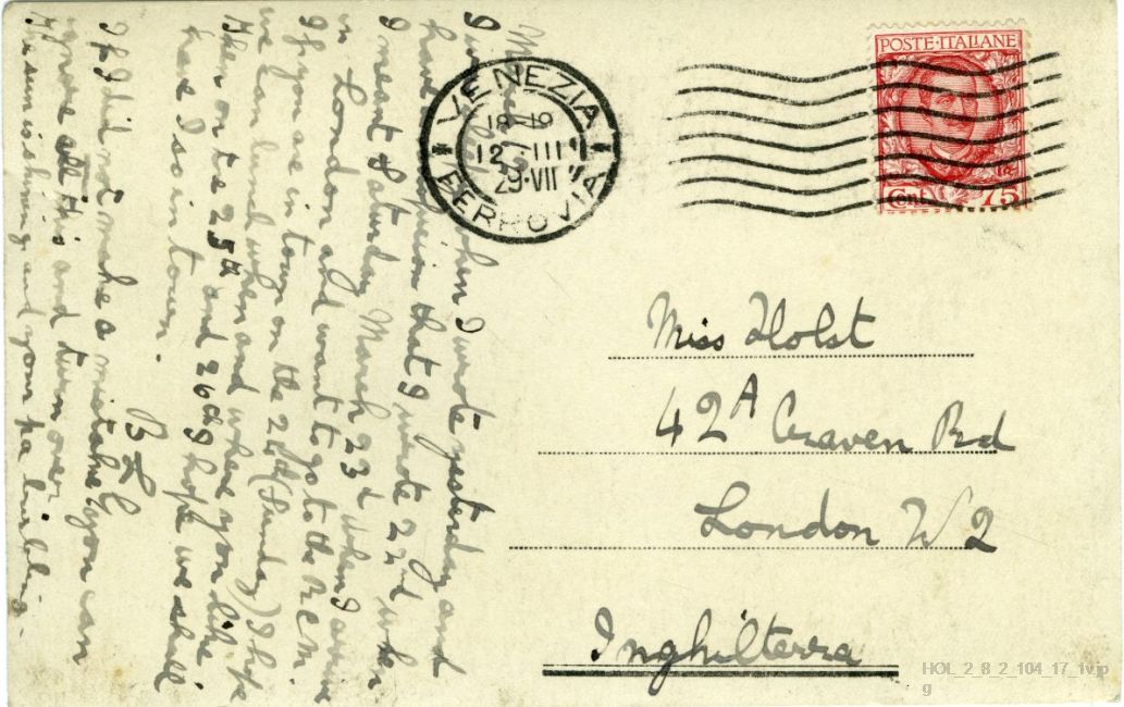 Postcard from Gustav Holst to Imogen Holst