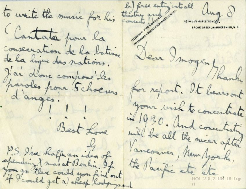 Letter from Gustav Holst to Imogen Holst
