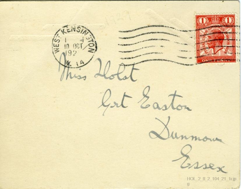 Card from Gustav Holst to Imogen Holst