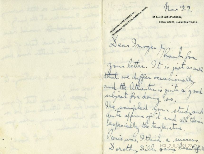 Letter from Gustav Holst to Imogen Holst