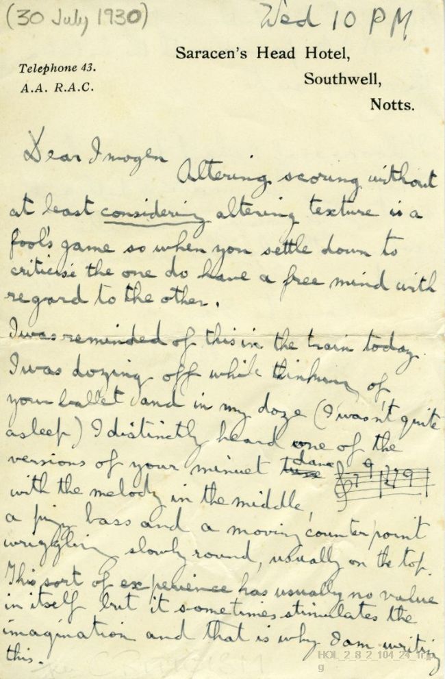 Letter from Gustav Holst to Imogen Holst