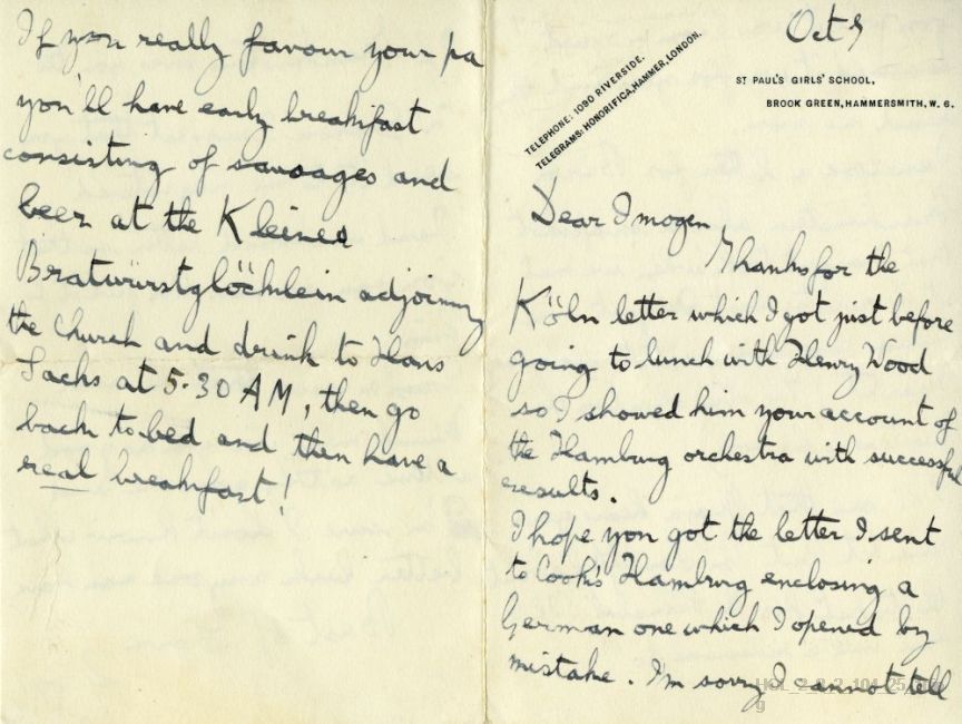 Letter from Gustav Holst to Imogen Holst