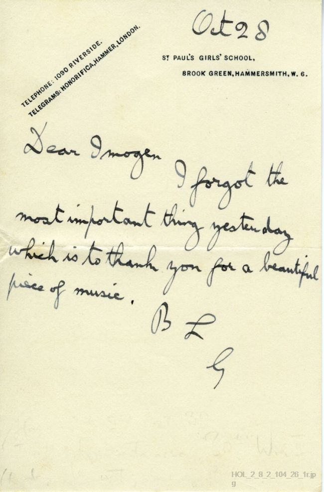 Letter from Gustav Holst to Imogen Holst