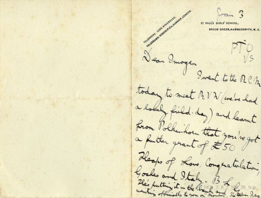 Letter from Gustav Holst to Imogen Holst