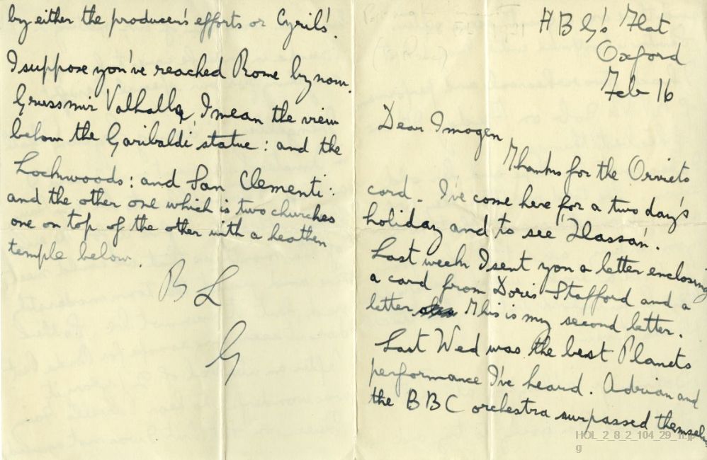 Letter from Gustav Holst to Imogen Holst