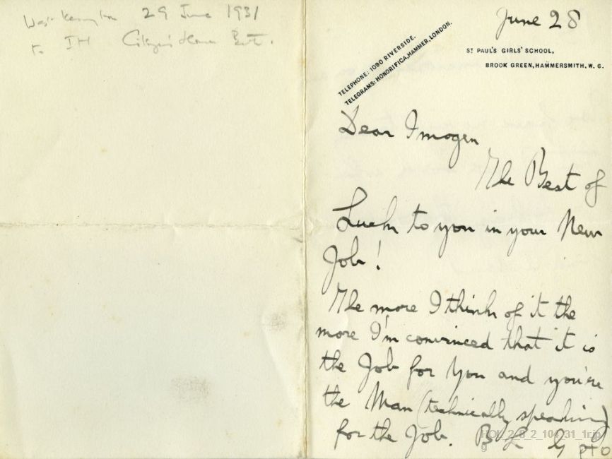 Letter from Gustav Holst to Imogen Holst