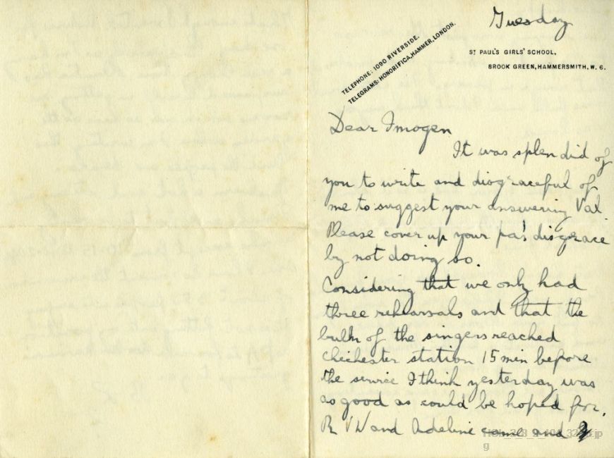Letter from Gustav Holst to Imogen Holst