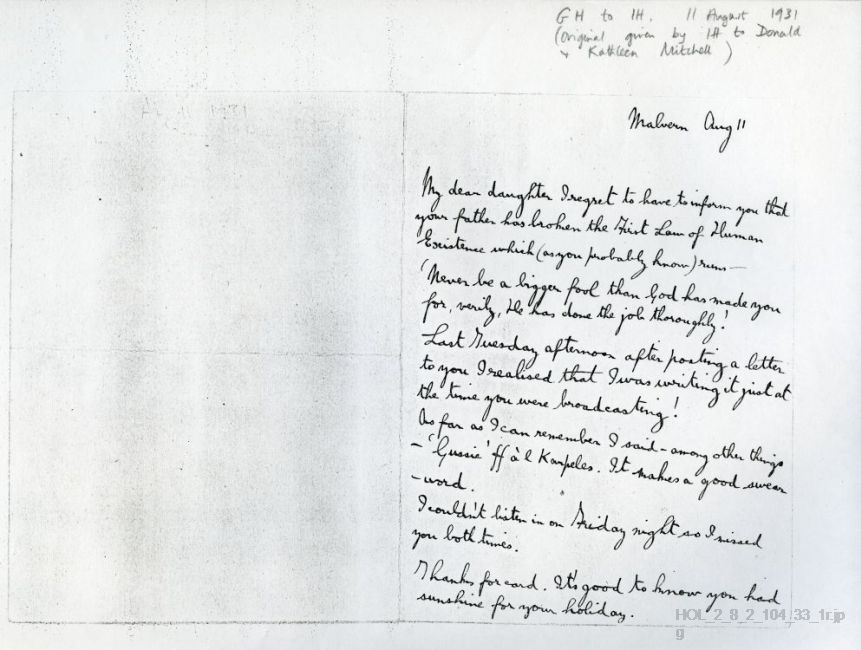 Photocopy of a letter from Gustav Holst to Imogen Holst