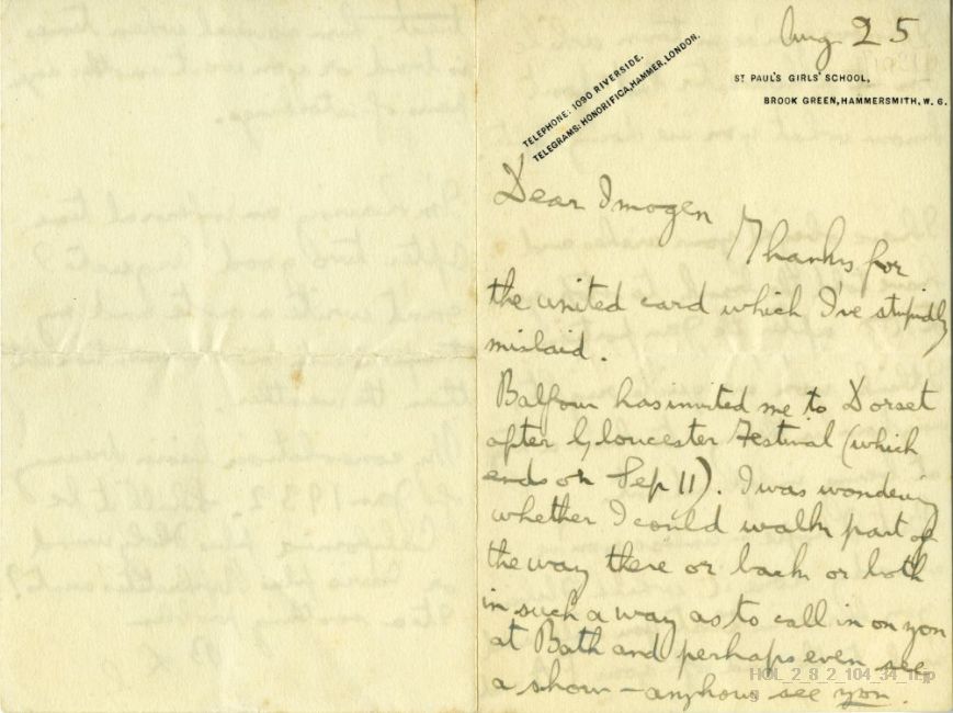 Letter from Gustav Holst to Imogen Holst