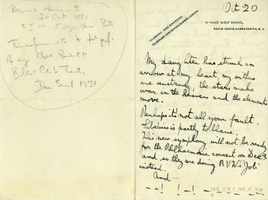 Letter from Gustav Holst to Imogen Holst