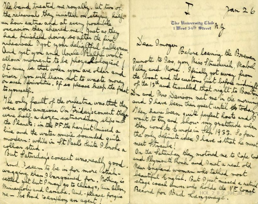 Letter from Gustav Holst to Imogen Holst