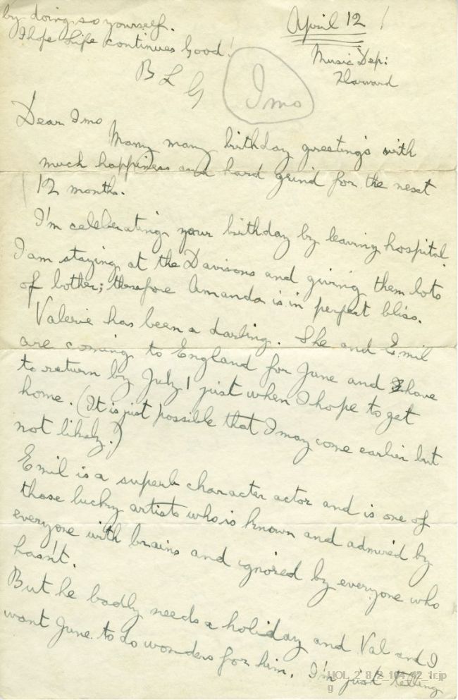Letter from Gustav Holst to Imogen Holst