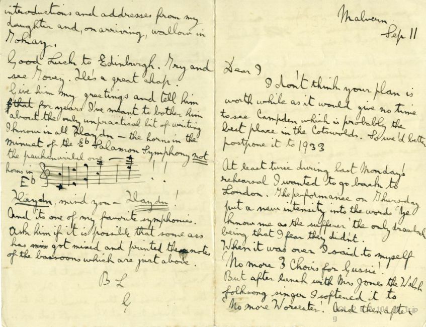 Letter from Gustav Holst to Imogen Holst