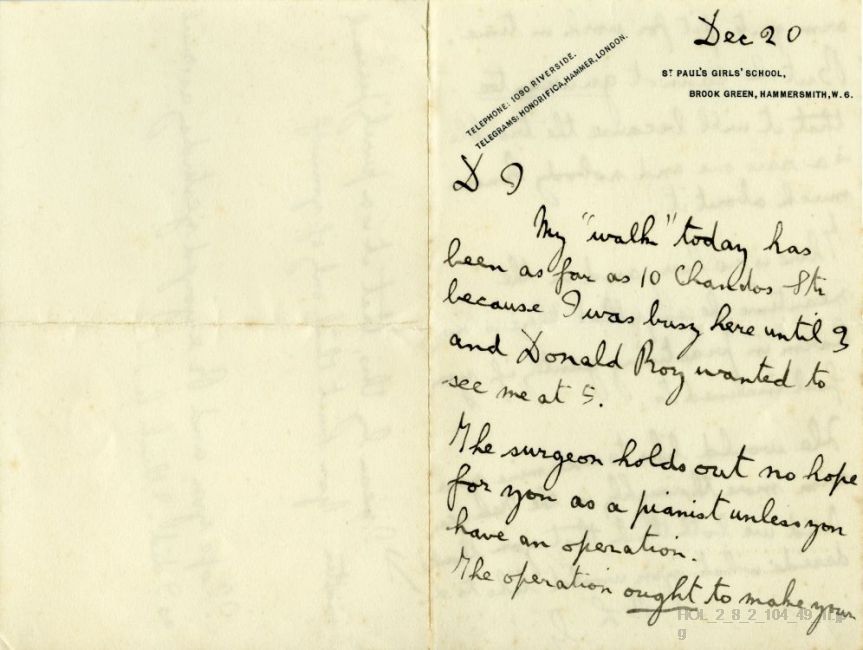 Letter from Gustav Holst to Imogen Holst