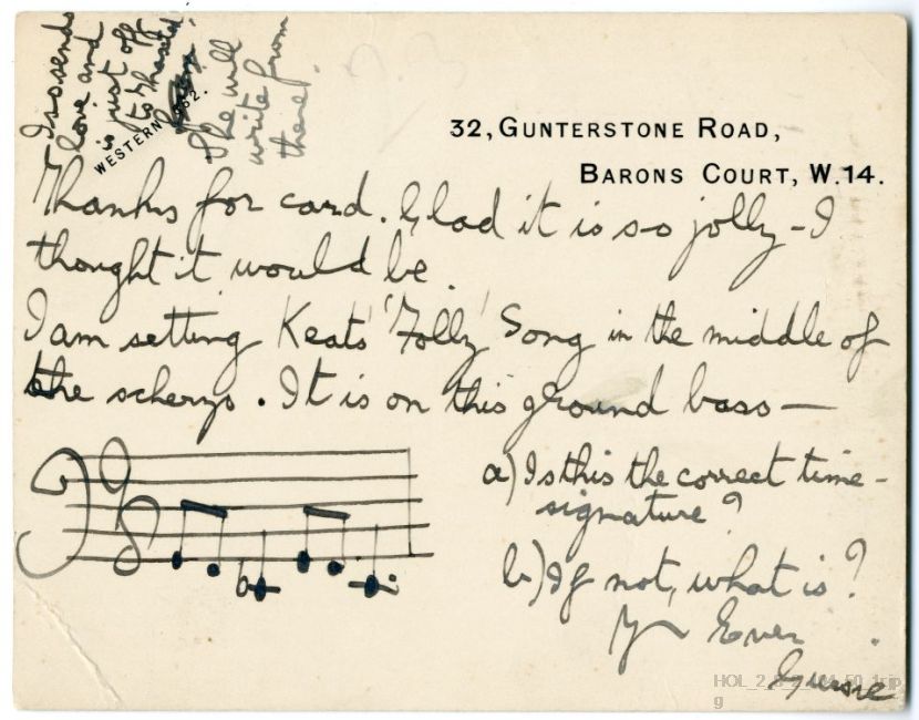 Photocopy of a card from Gustav Holst to Imogen Holst
