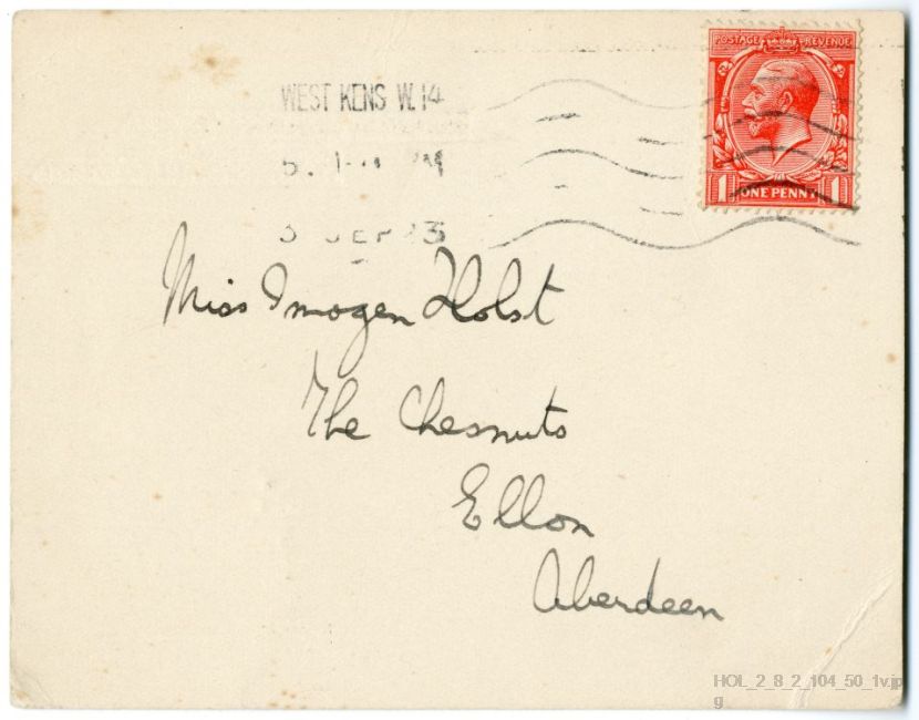 Photocopy of a card from Gustav Holst to Imogen Holst