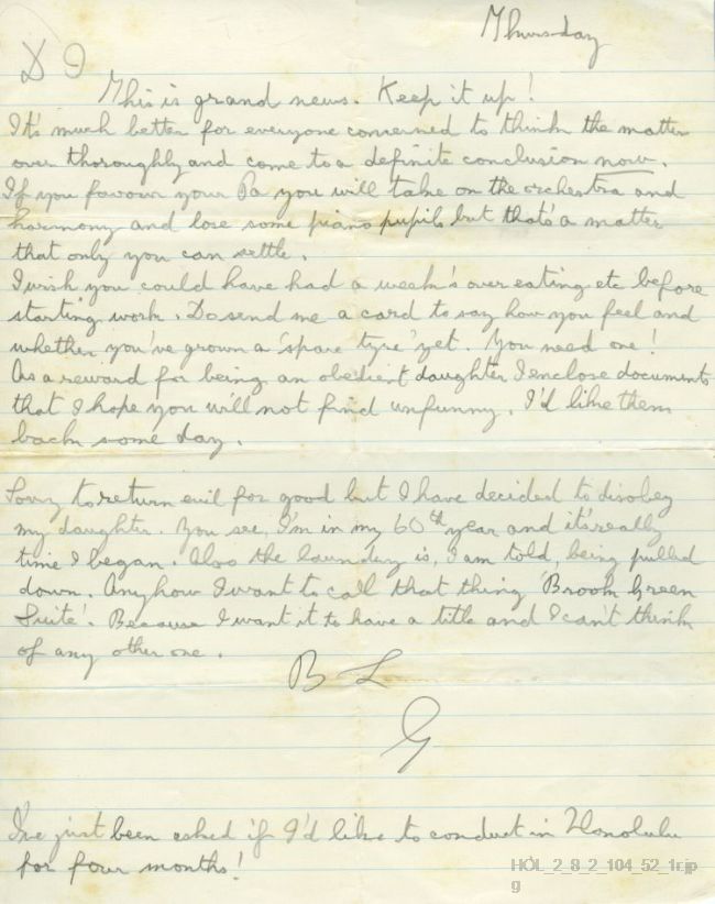 Letter from Gustav Holst to Imogen Holst