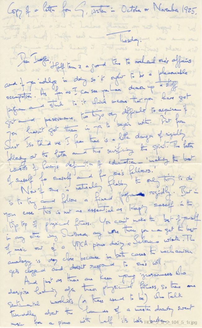 Copy of a letter from Gustav Holst to Imogen Holst
