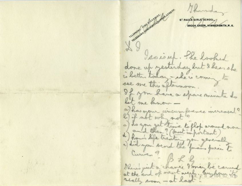 Letter from Gustav Holst to Imogen Holst