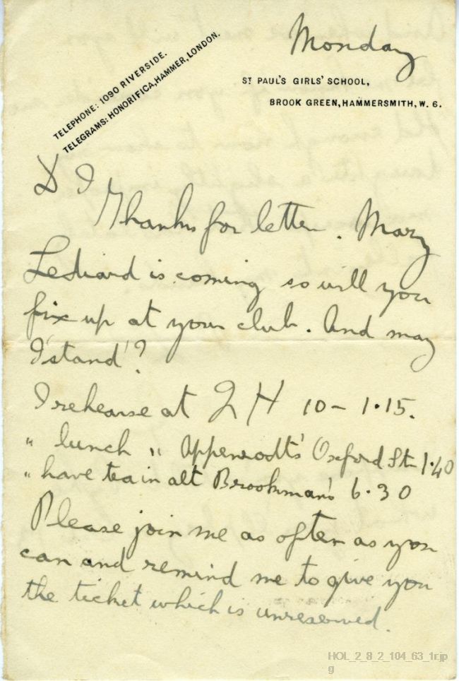 Letter from Gustav Holst to Imogen Holst