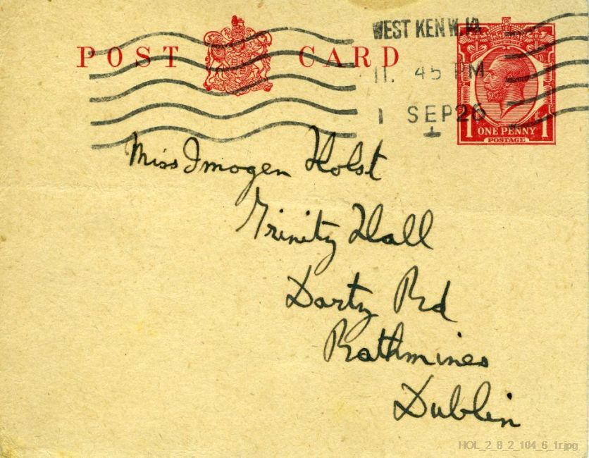 Postcard from Gustav Holst to Imogen Holst