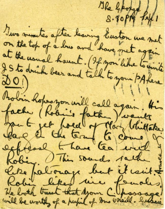 Postcard from Gustav Holst to Imogen Holst