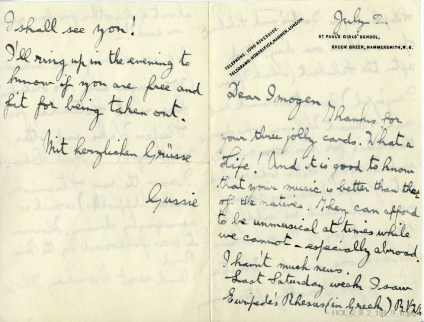 Letter from Gustav Holst to Imogen Holst