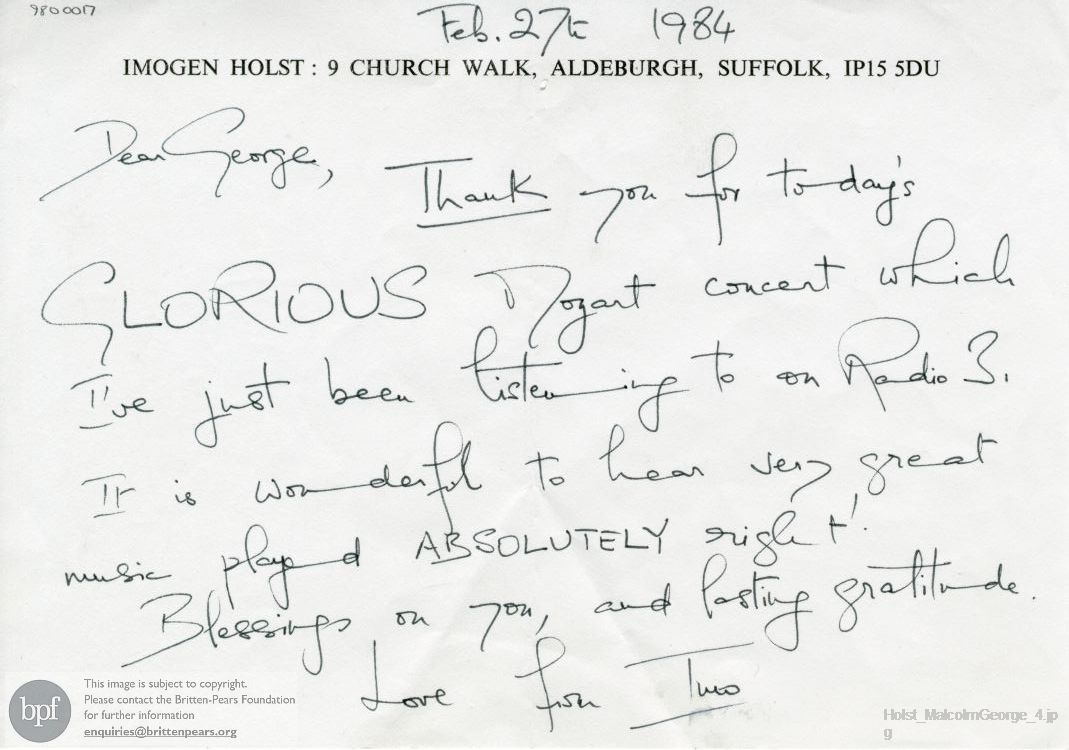 Letter from Imogen Holst to George Malcolm