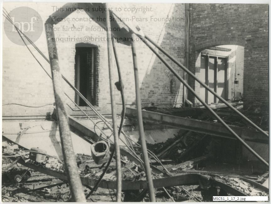 Photograph of fire damage to Snape Maltings Concert Hall