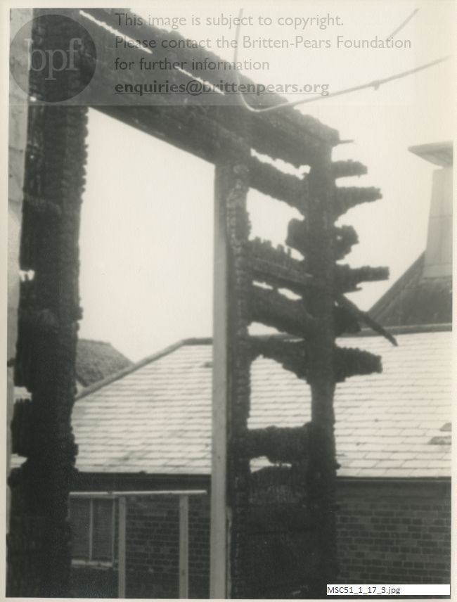 Photograph of fire damage to Snape Maltings Concert Hall