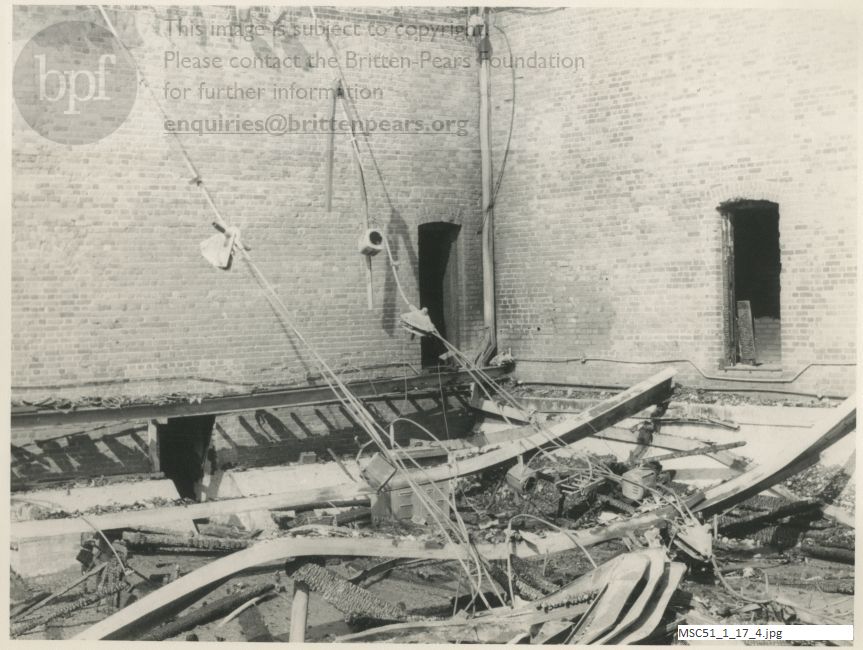Photograph of fire damage to Snape Maltings Concert Hall