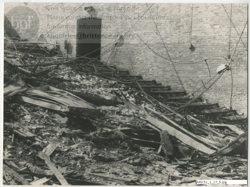 Photograph of fire damage to Snape Maltings Concert Hall