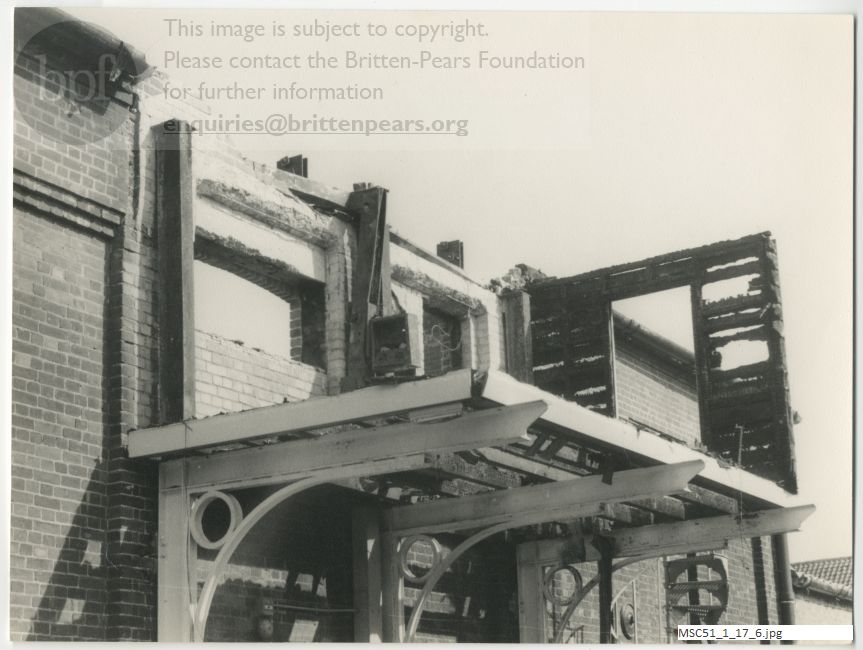 Photograph of fire damage to Snape Maltings Concert Hall